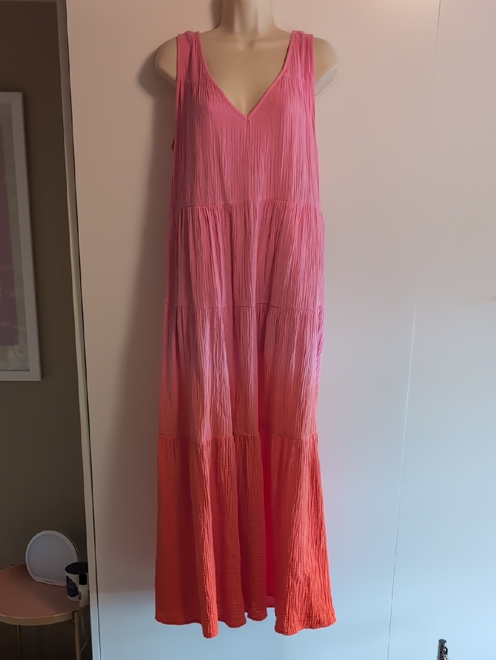 Marine Layer Pink to Coral Ombre V-Neck Tiered Maxi Dress